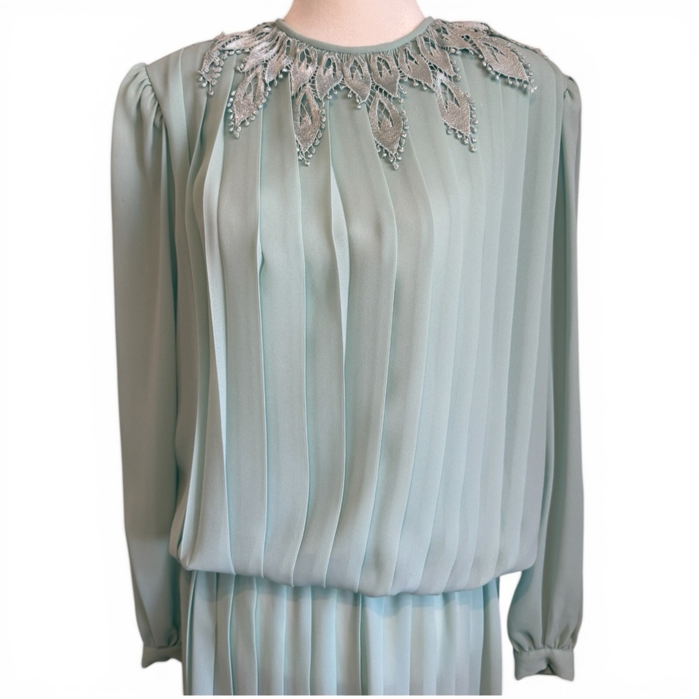 VTG 80s Dress 6 Accordion Crochet Lace Pastel Teal Semi Sheer Prairie Whimsical